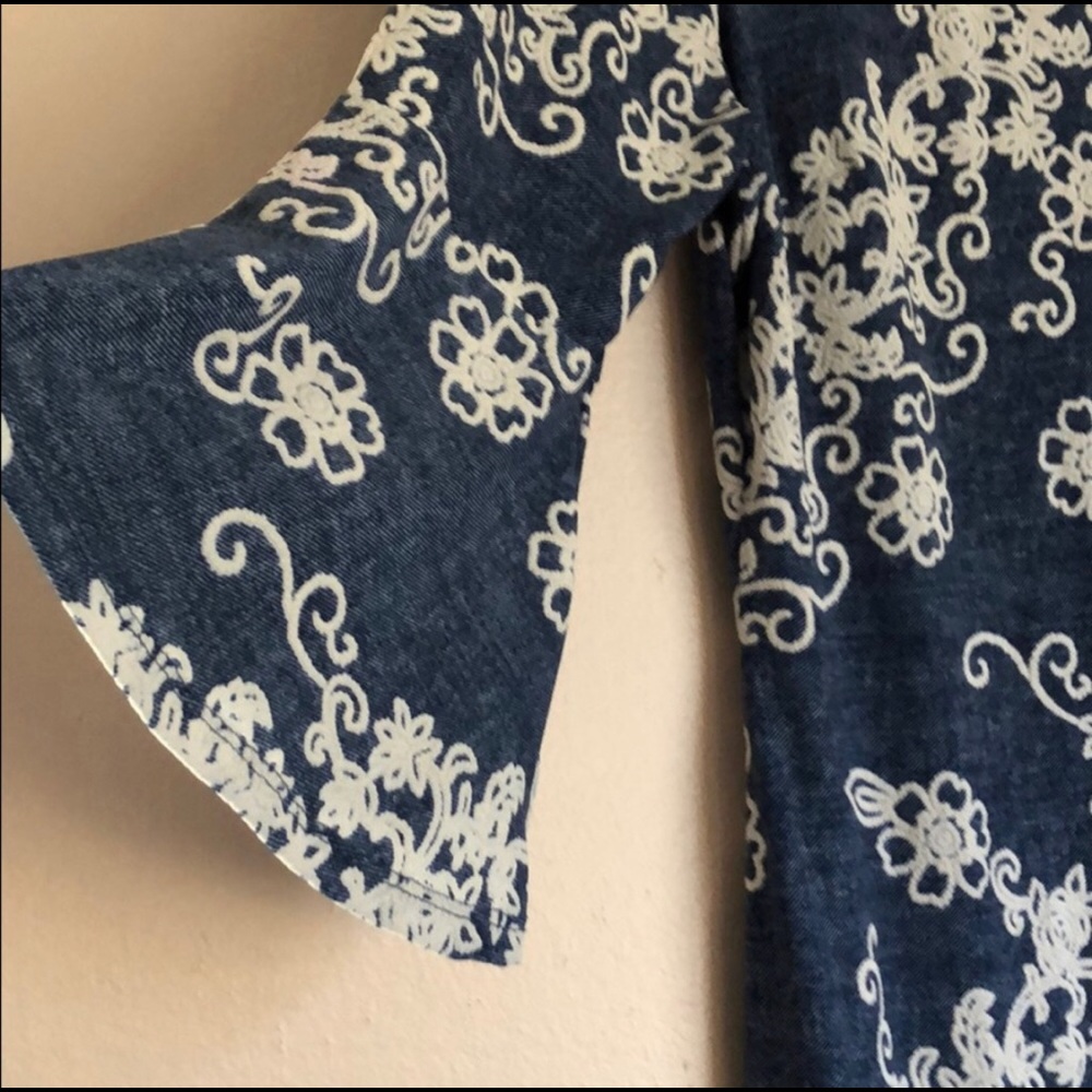 Glamour 3/4 Bell Sleeve Dress, Denim color & White